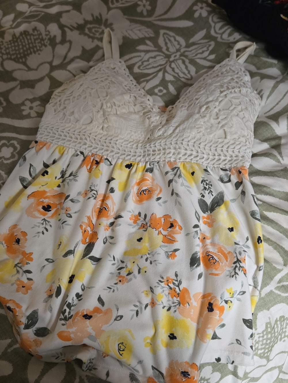 Womens- No Boundaries White Floral Romper with Peach & Yellow Accents